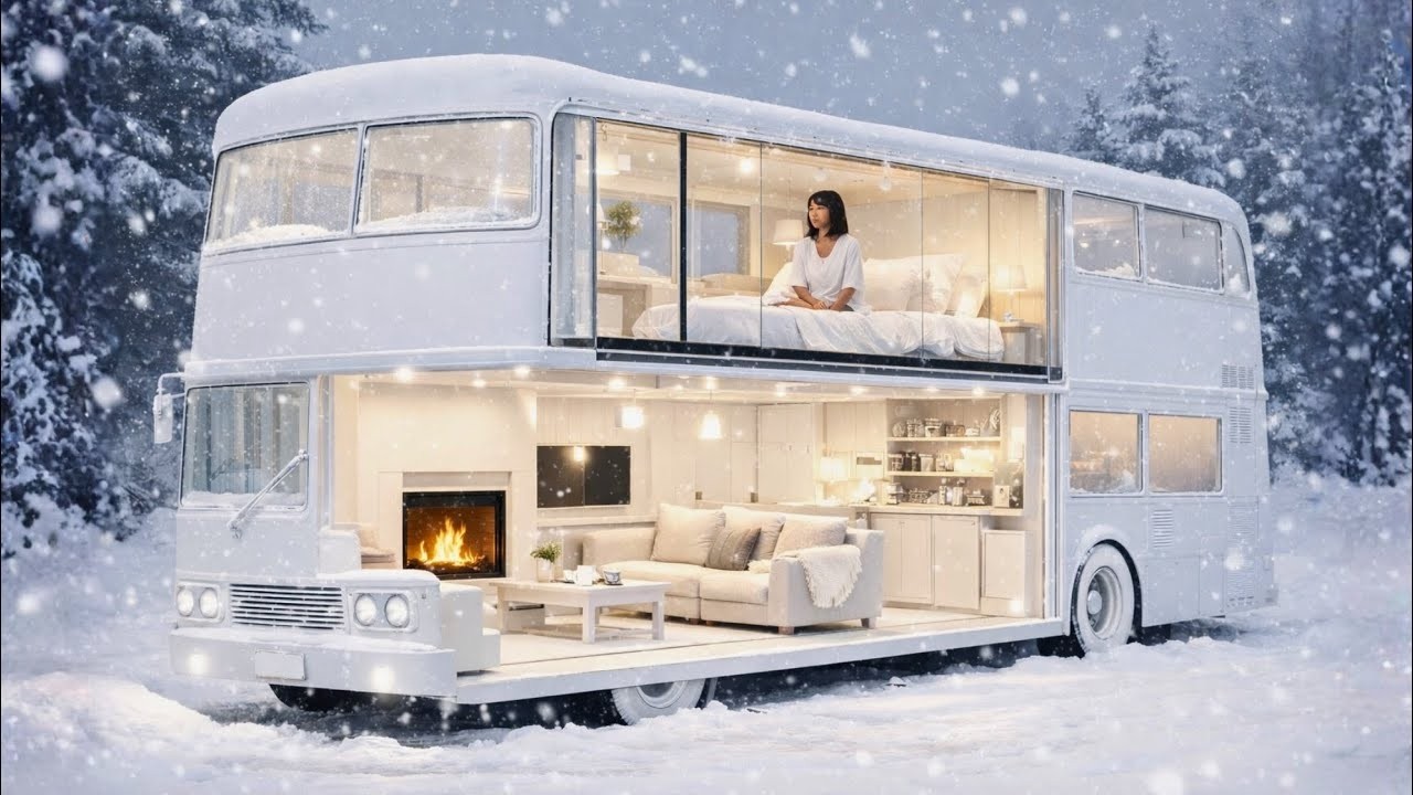 I Turned an Abandoned Double Decker Bus into a 2 Floor Stark White Luxury Cabin in Snowstorm ASMR