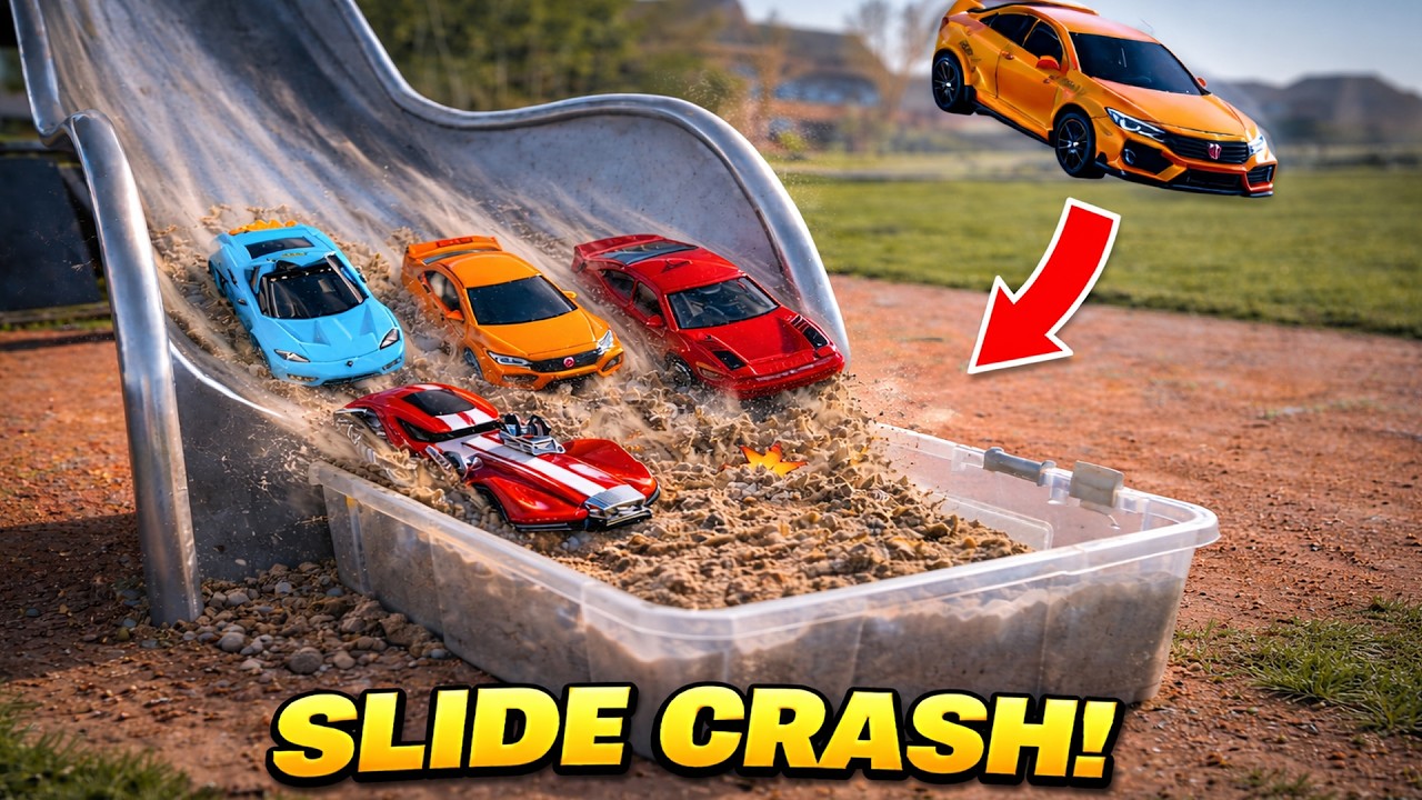 Cars vs Giant Slide! Epic Sand Crash Test