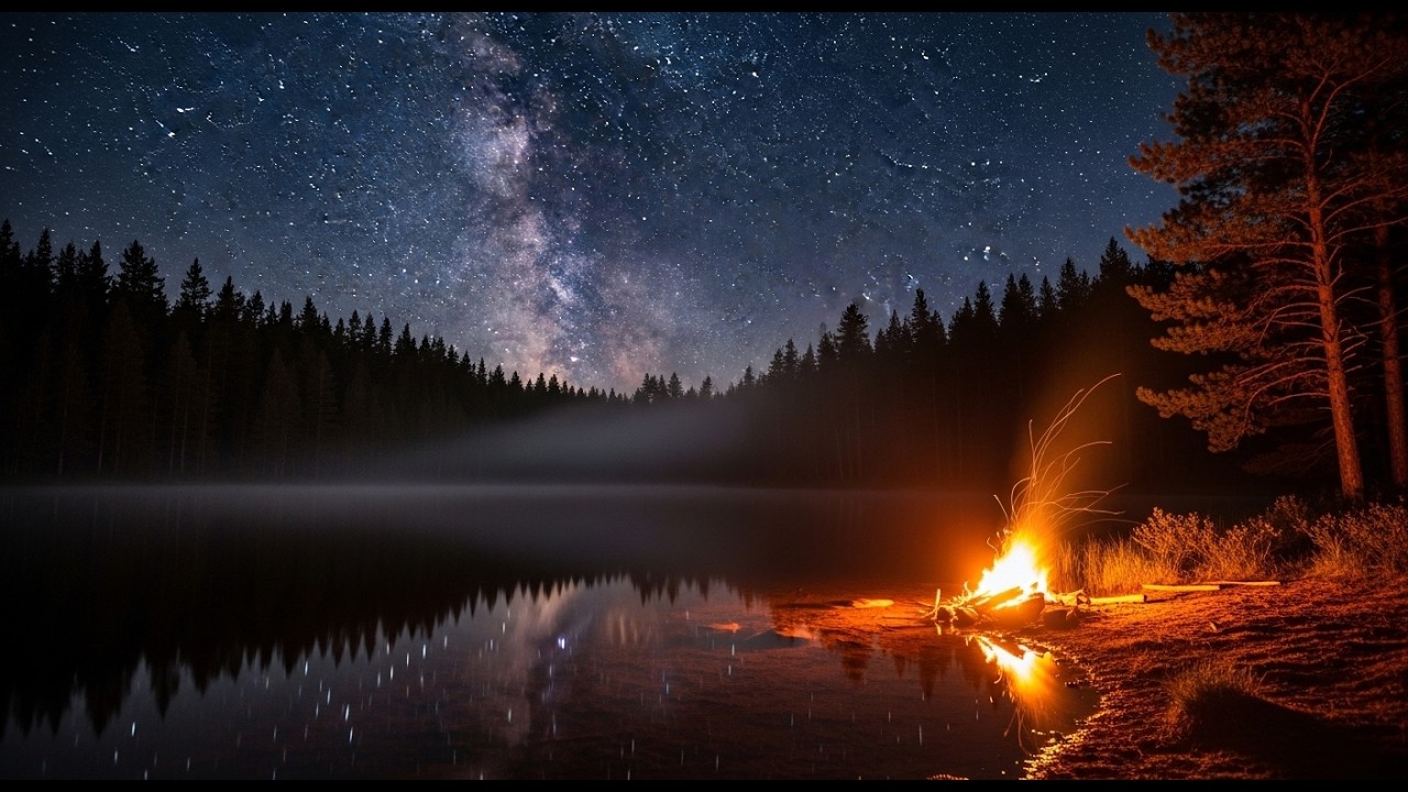 Midnight Campfire Reverie | Lakeside Flames, Starry Sky & Deep Sleep Piano Ambience for Calm