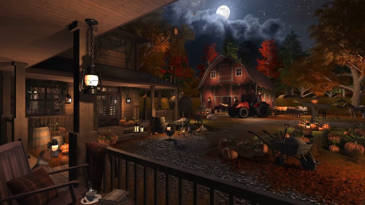 Farmhouse Porch | Autumn Night Ambience | Farm Animals, Tree Wind & Forest Nature Sounds