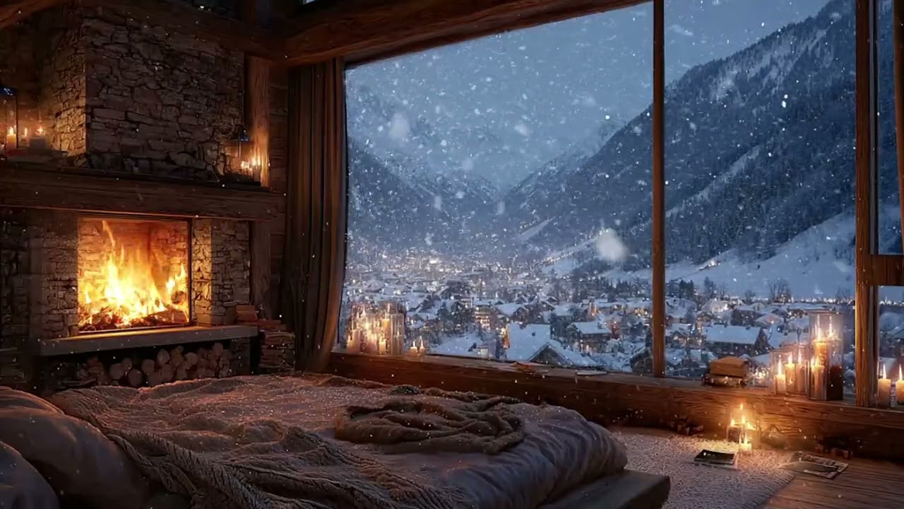 Fireplace by the Window in a Snowstorm 🔥❄️ | Wind, Blizzard, Deep Sleep Ambience