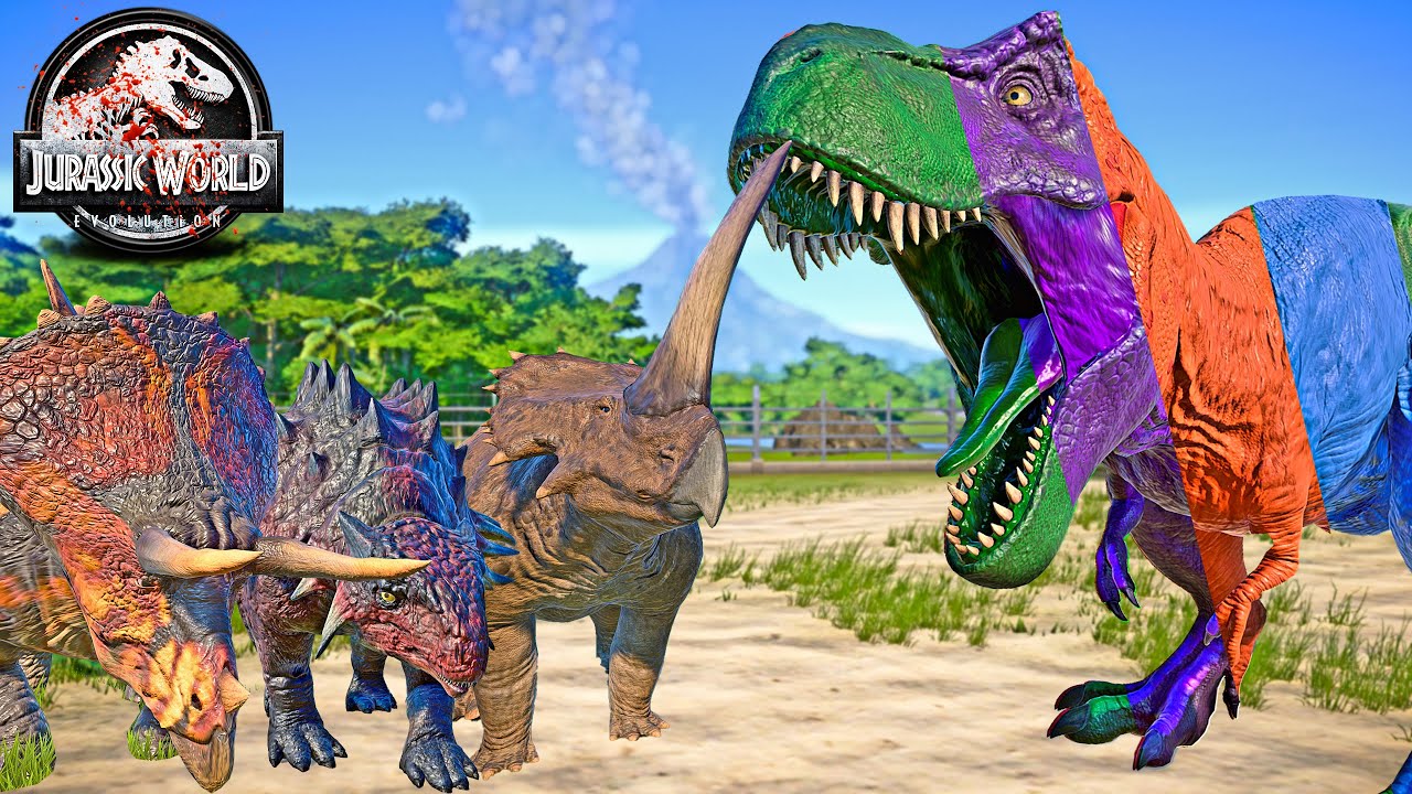 Colorful Tyrannosaurus REX Team vs Herbivore Dinosaurs Fight 🌍 JURASSIC WORLD EVOLUTION