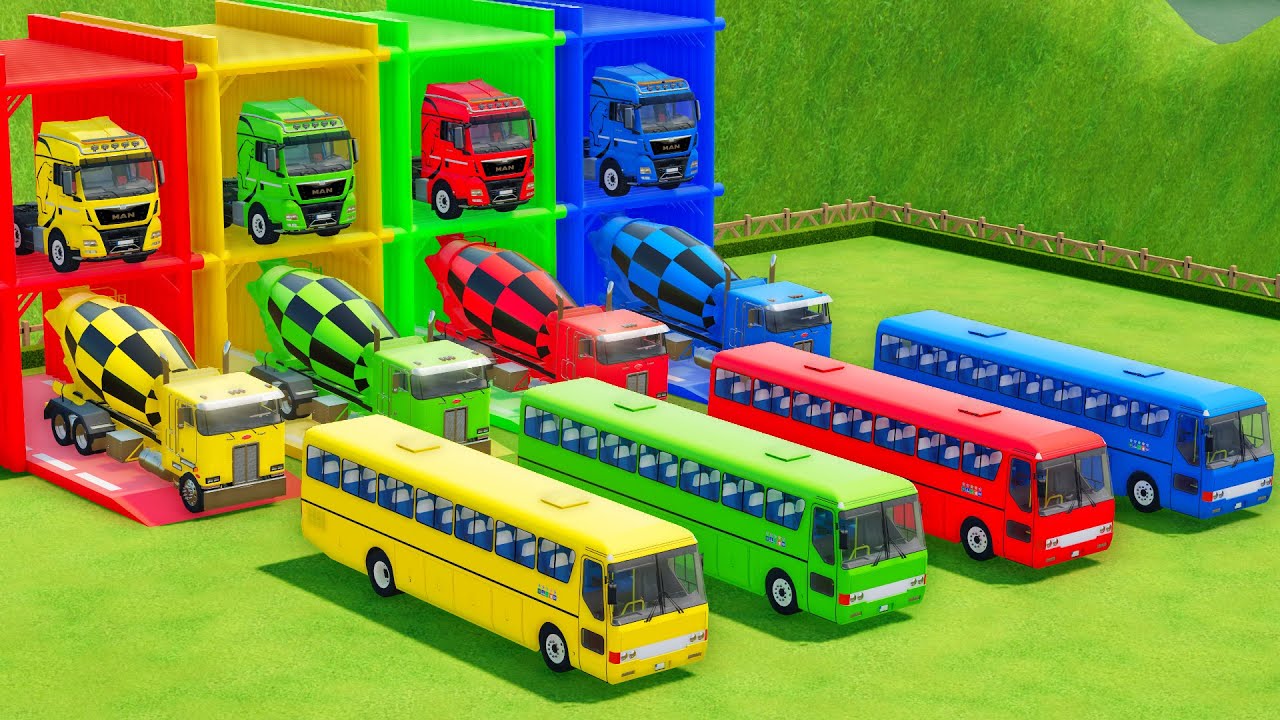 Garage with Colors - ALL MIXER TRUCK WITH DOUBLE FLATBED TRAILER TRUCK, MAN, PETERBILT, BUS - FS22