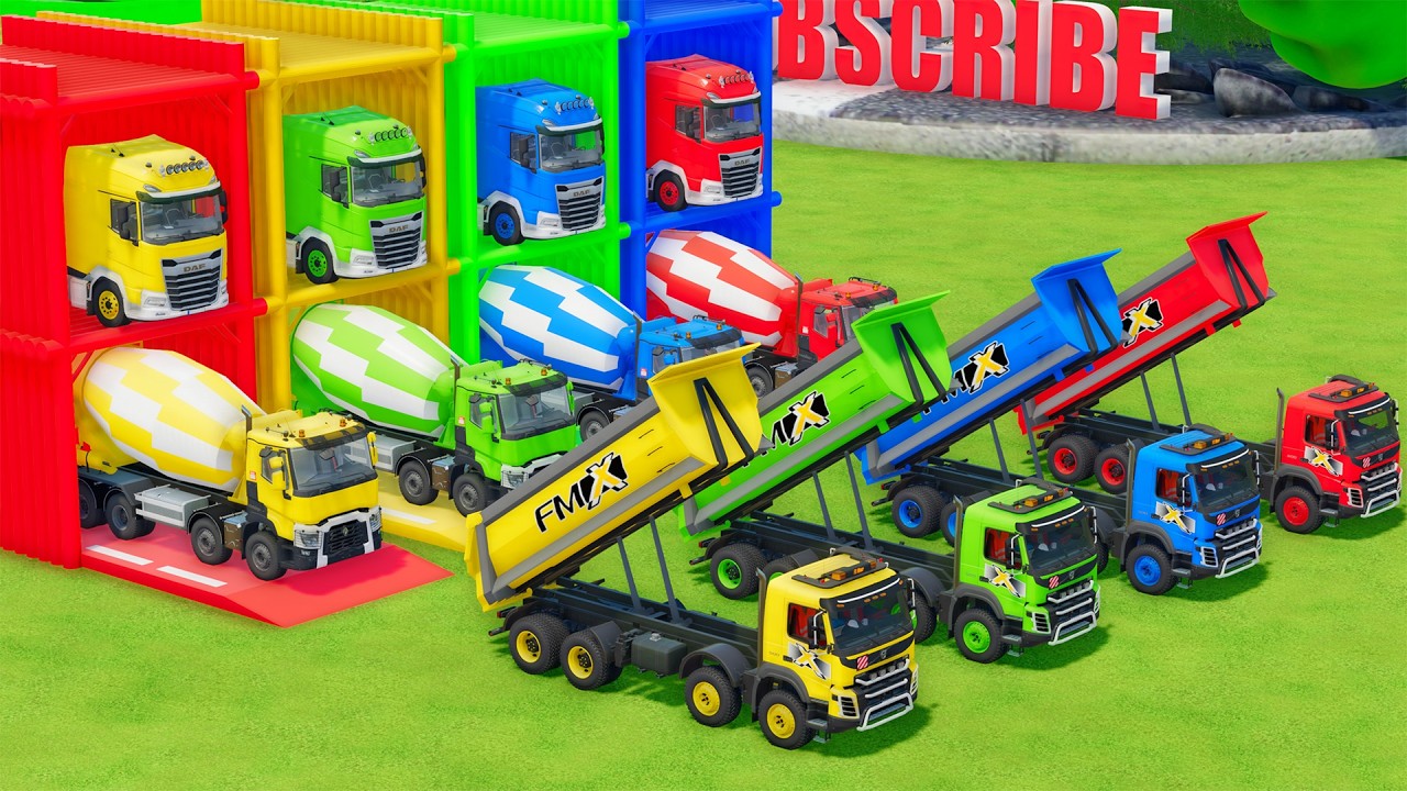 Garage with Colors - ALL MIXER TRUCK WITH DOUBLE FLATBED TRAILER TRUCK, DAF, RENAULT, VOLVO - FS22
