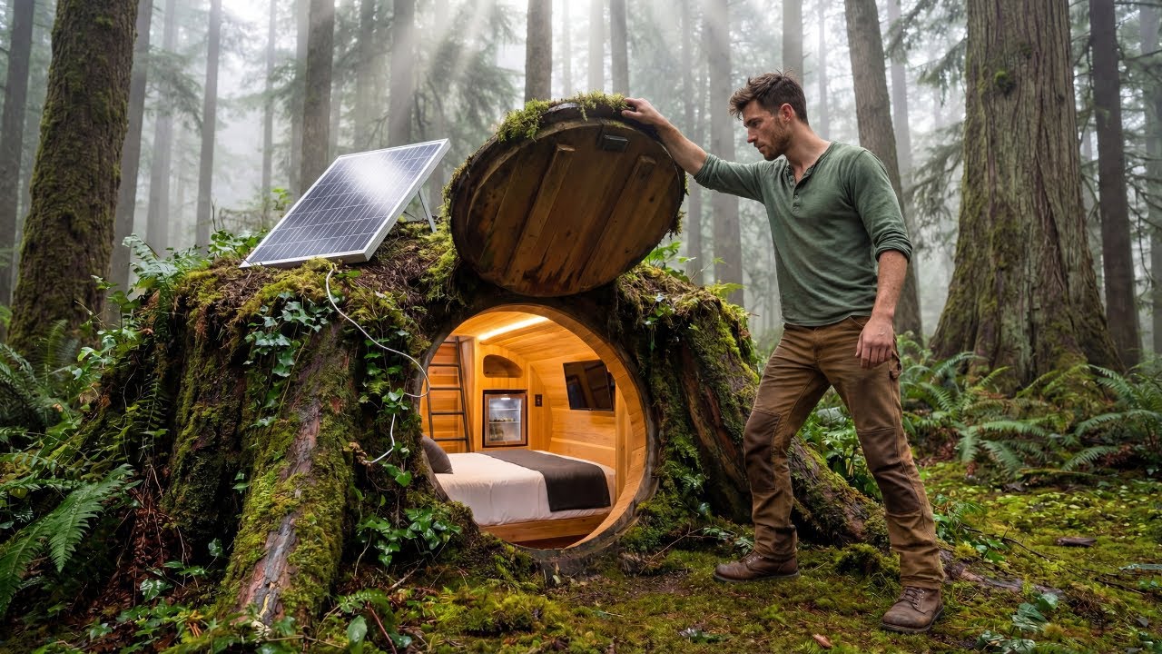 Secretly Building a house in the forest (ASMR) - This man built a mini house inside a tree