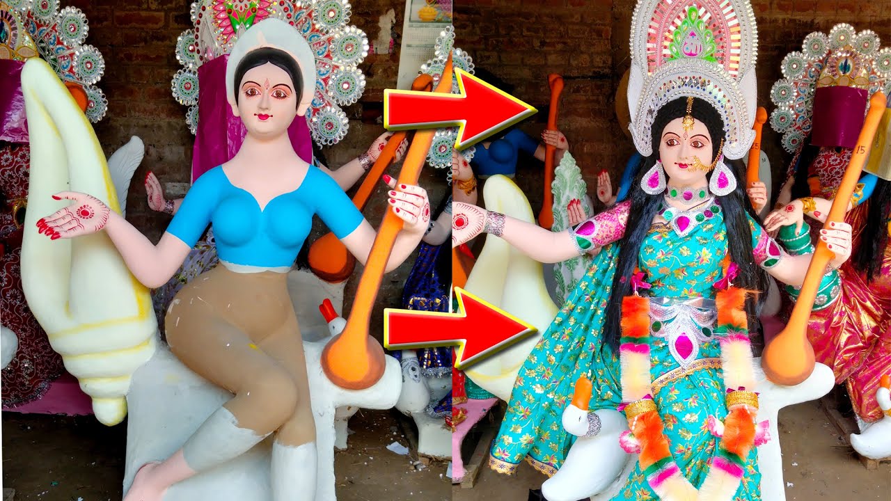 Saree wearing | Saraswati murti making 2022 | Saraswati Pratima | eco friendly saraswati puja 2022