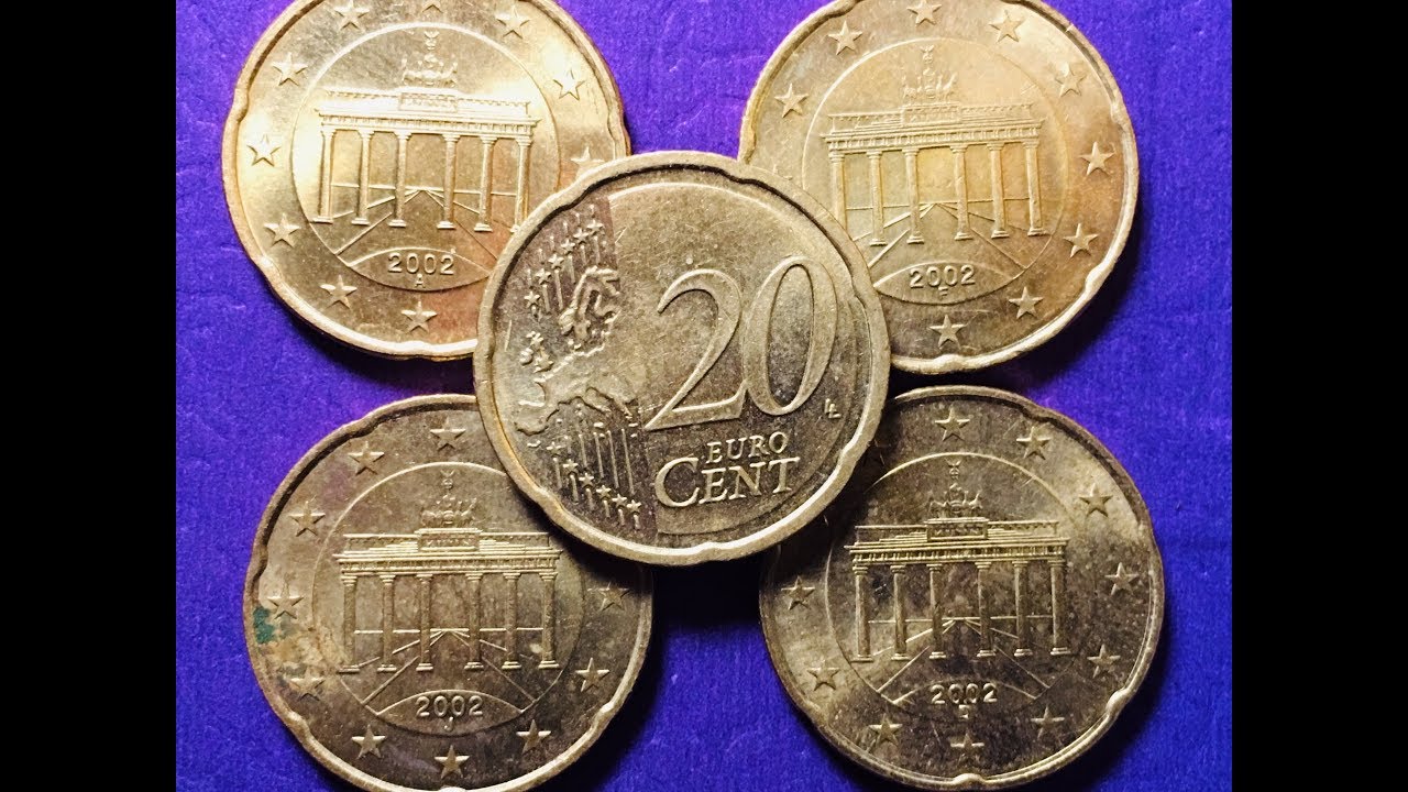 2002 Germany Nordic Gold 20 Euro Cents - 4 Mint Marks