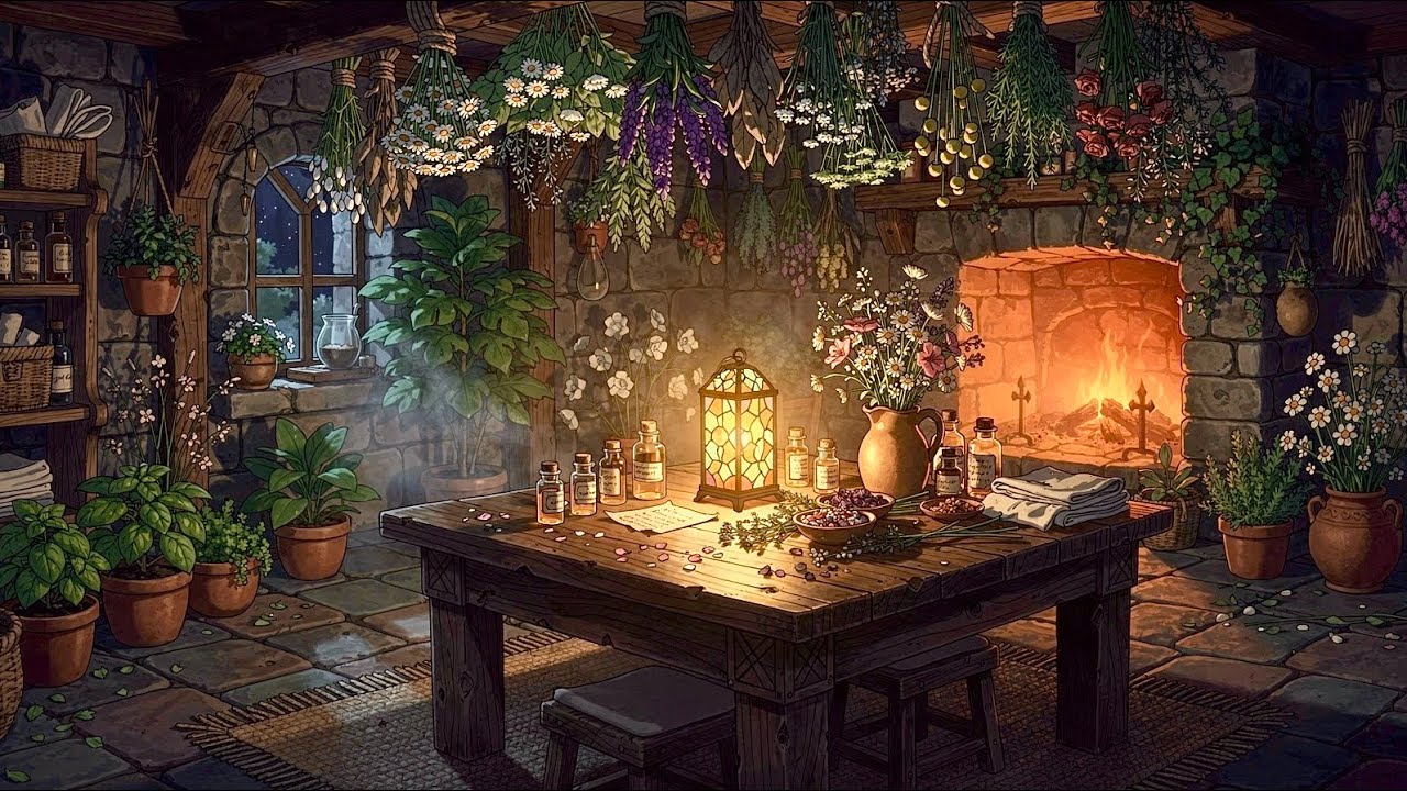 Medieval Herbalist Cottage at Night Candlelit Instrumental Ambience Relaxing Strings & Piano 1 Hour