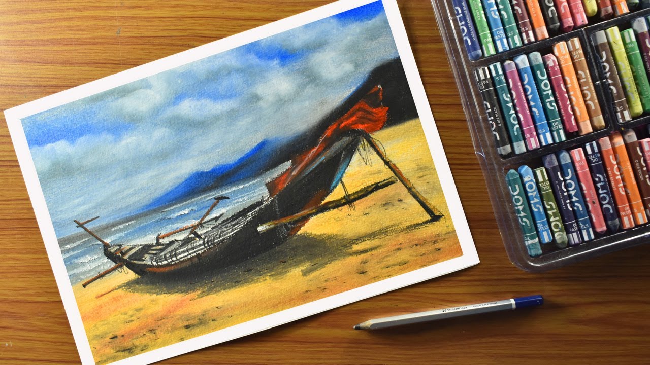 Beach scenery oil pastel drawing / Oil pastel seascape / oil pastel boat scenery