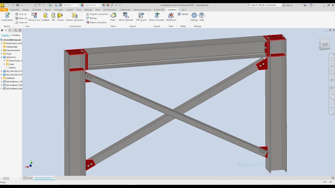 inventor 2024 Steel Structure Design  Exercise 31Add Gusset  Rib  Endplate Bracing Connections