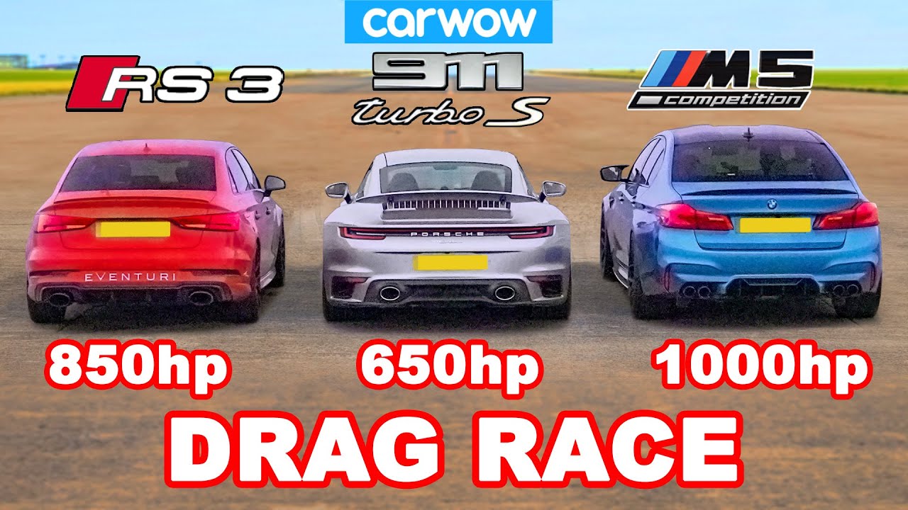 BMW M5 1,000 dk v Audi RS3 800 dk v Porsche 911 Turbo S - DRAG RACE