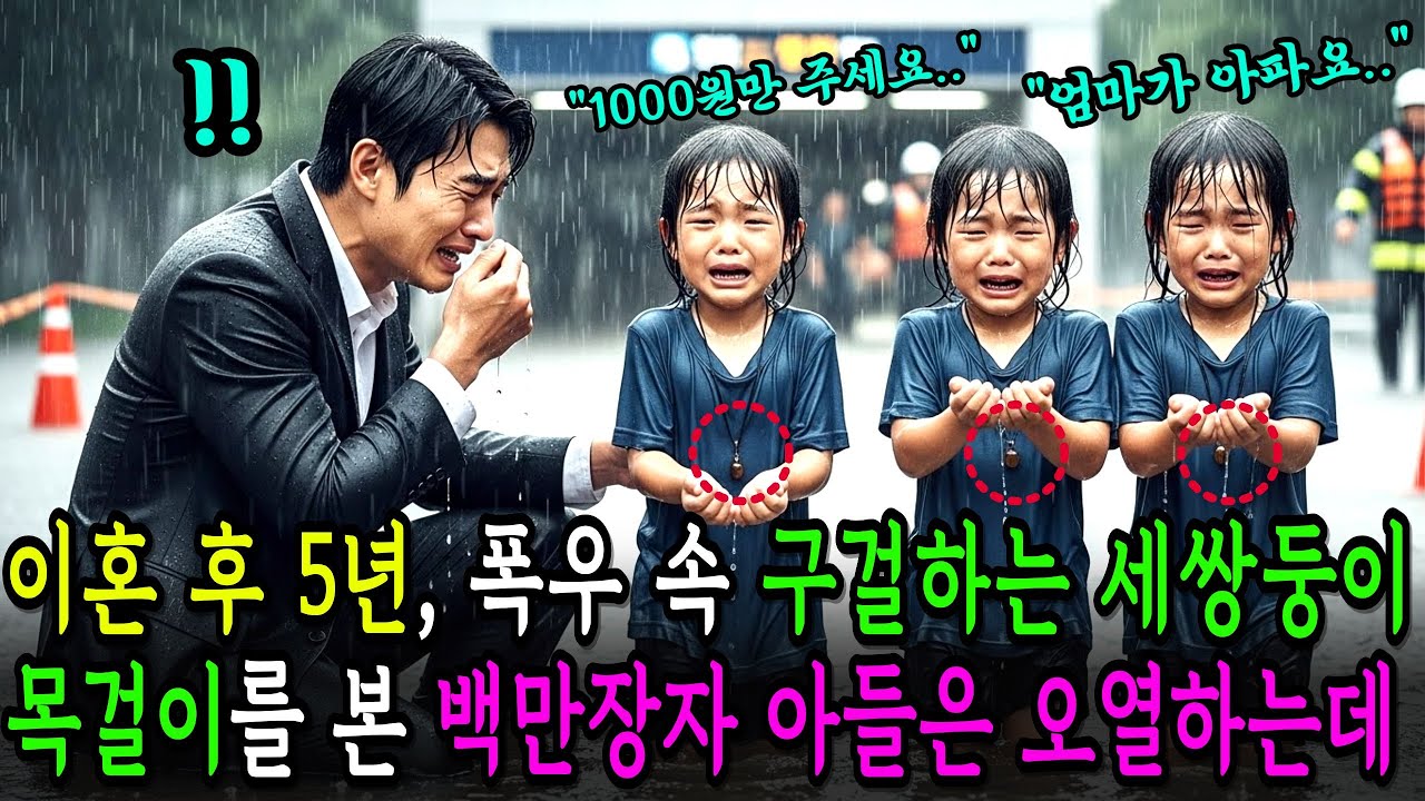 이혼 후 5년, 폭우 속 사람들에게 구걸하던 세쌍둥이가 매고있는 목걸이를 본 순간 백만장자의 아들은 숨이 멎었습니다