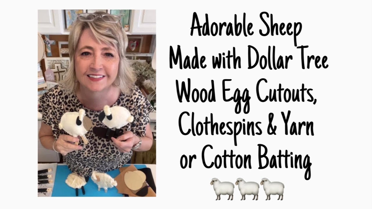 Adorable Sheep Made with Dollar Tree Wood Egg Cutouts, Clothespins & Yarn or Cotton Quilt Batting
