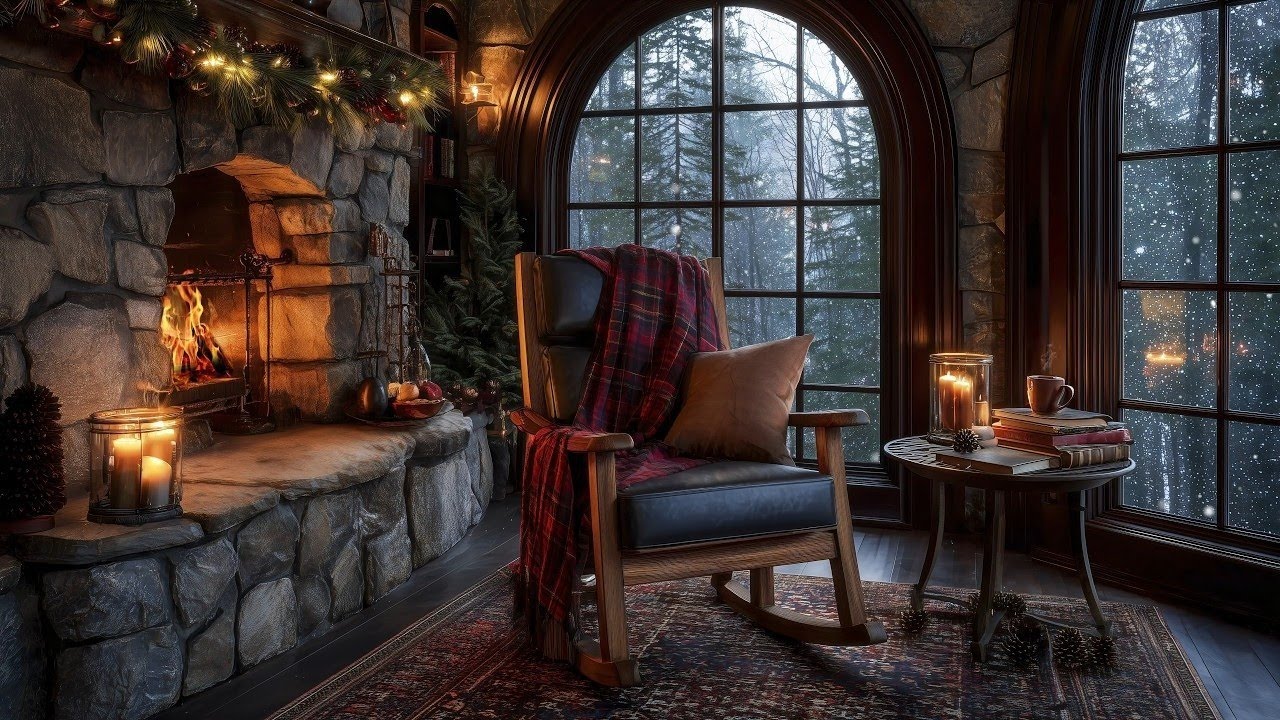 Cozy Winter Cabin Interior | Crackling Fireplace & Snowy Night Outside | Winter Ambience 4K