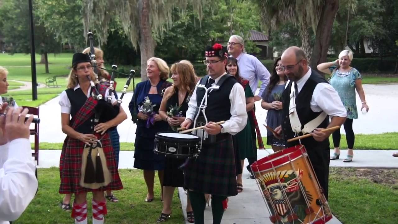 Scottish wedding recessional with bagpipes, fife, and drum
