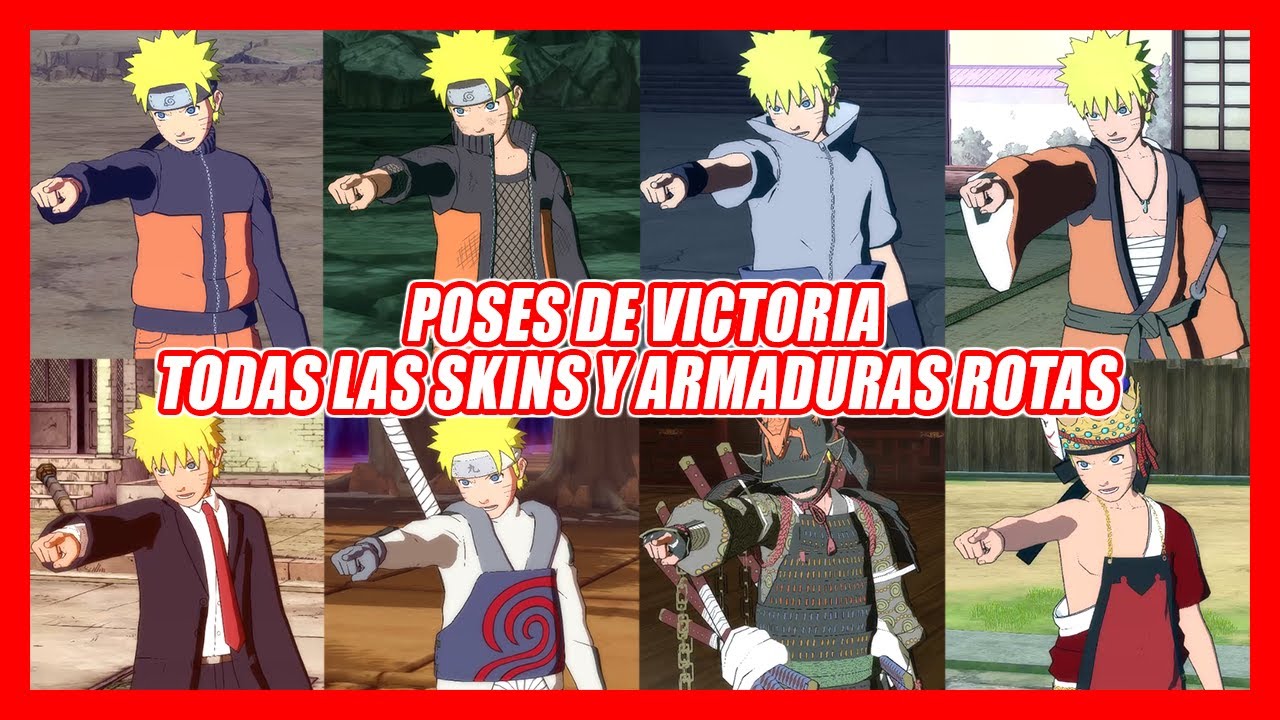 ESPAÑOL LATINO || POSES DE VICTORIA + TODAS LAS SKINS Y ARMADURAS ROTAS || NARUTO STORM 4 RTB