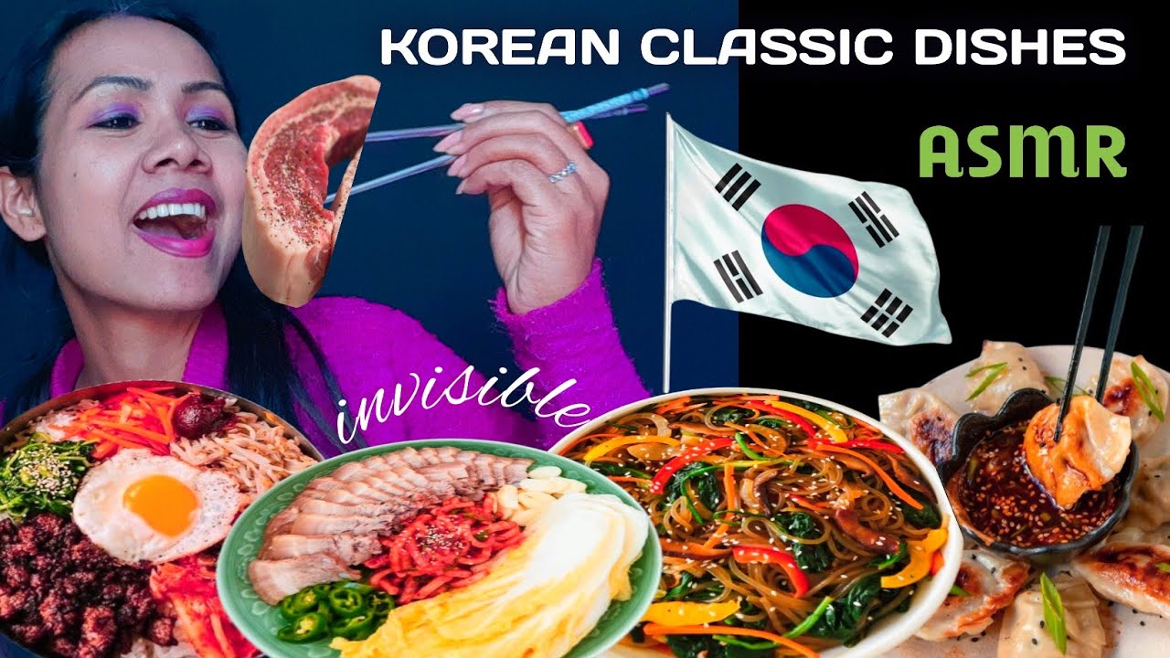 Asmr Hindi| Asmr girl eating Classic KOREAN foods | Bibimbap ~mandu ~chap chae~Bossam