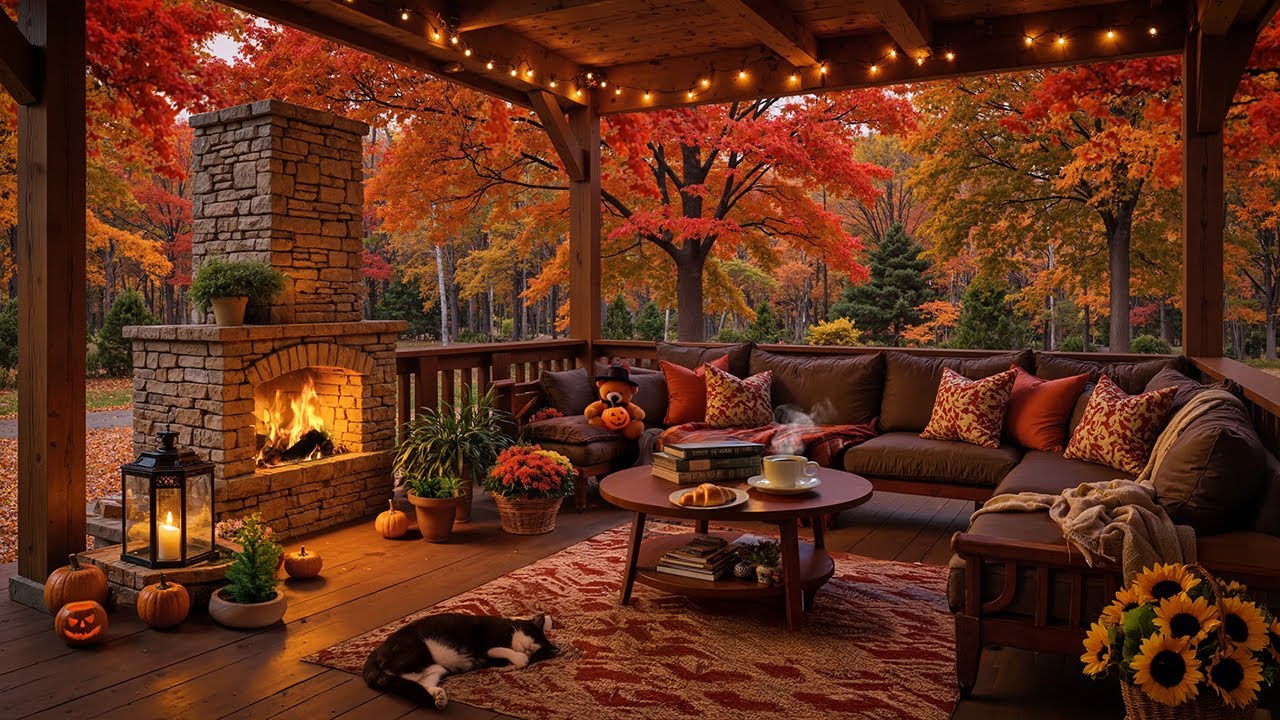 Peaceful Autumn Space on the Porch 🍂 Tranquil September Jazz Music & Fireplace Sounds for Comfort