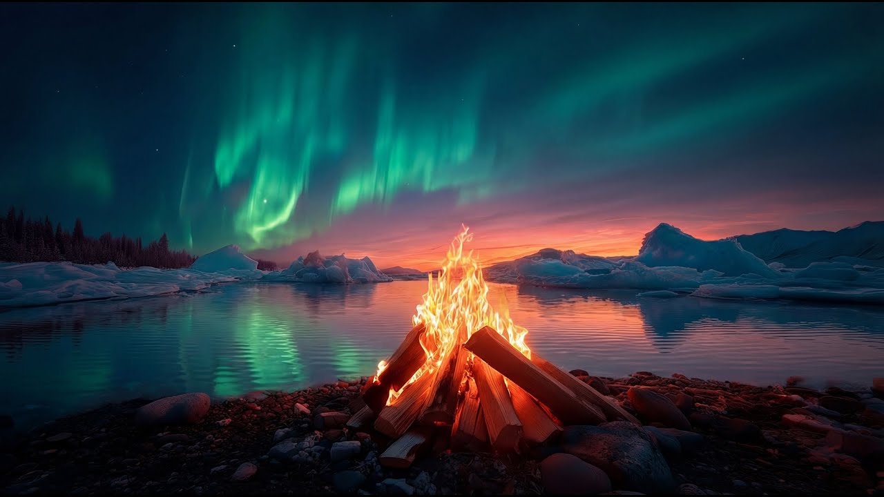 You’re Inside a Polar Night Lit Only by Fire and Aurora 🔥