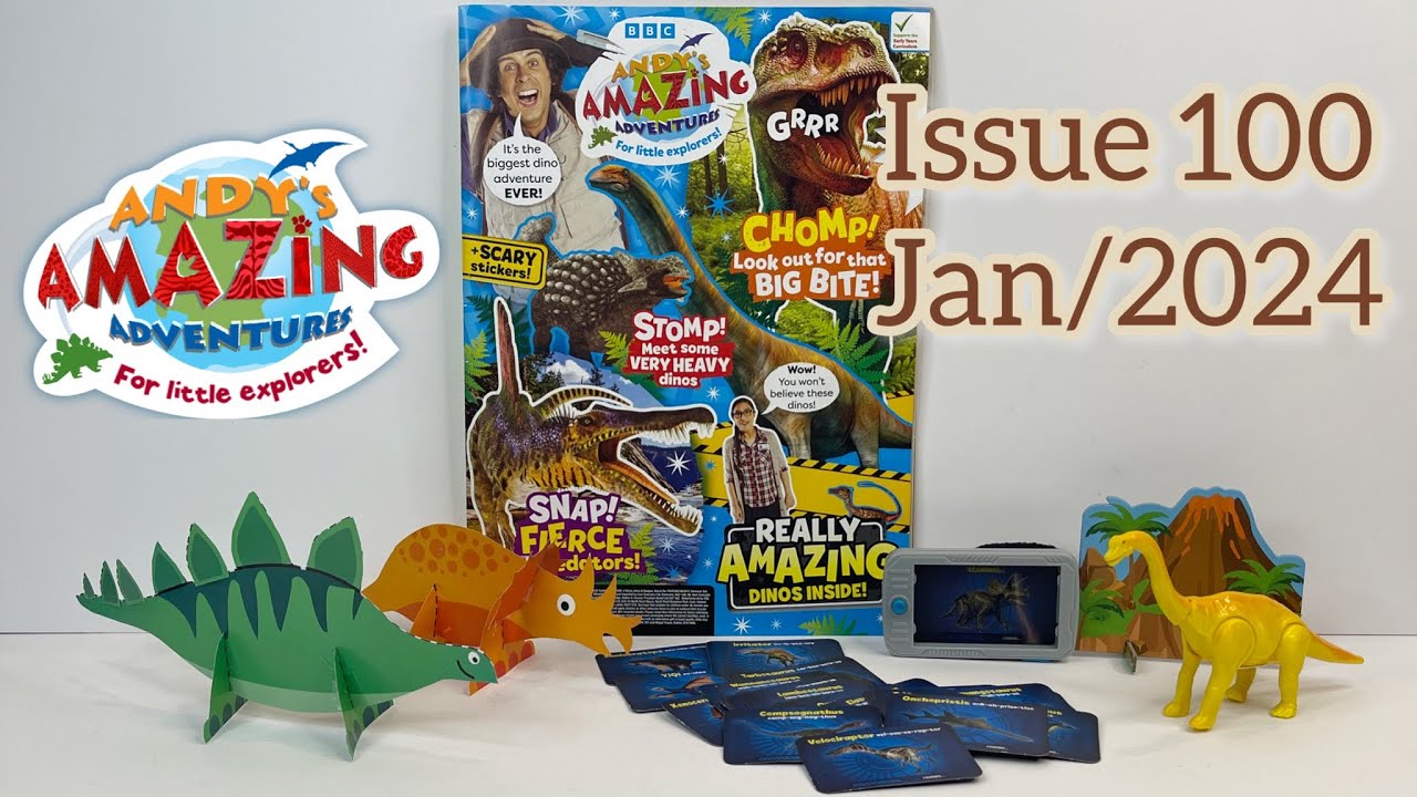 Andy’s amazing adventures magazine, issue 100, Jan/2024, with awesome  2 gifts !!! 🦖🦕