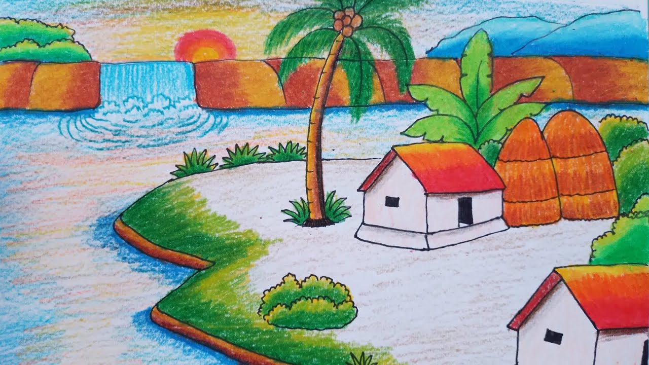 How to Draw a Beautiful Tropical Village and Waterfall Step by Step
