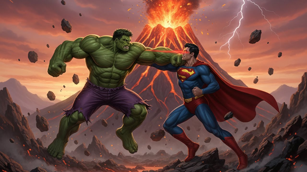 Hulk fighting Superman at the foot of a volcano is extremely exciting.