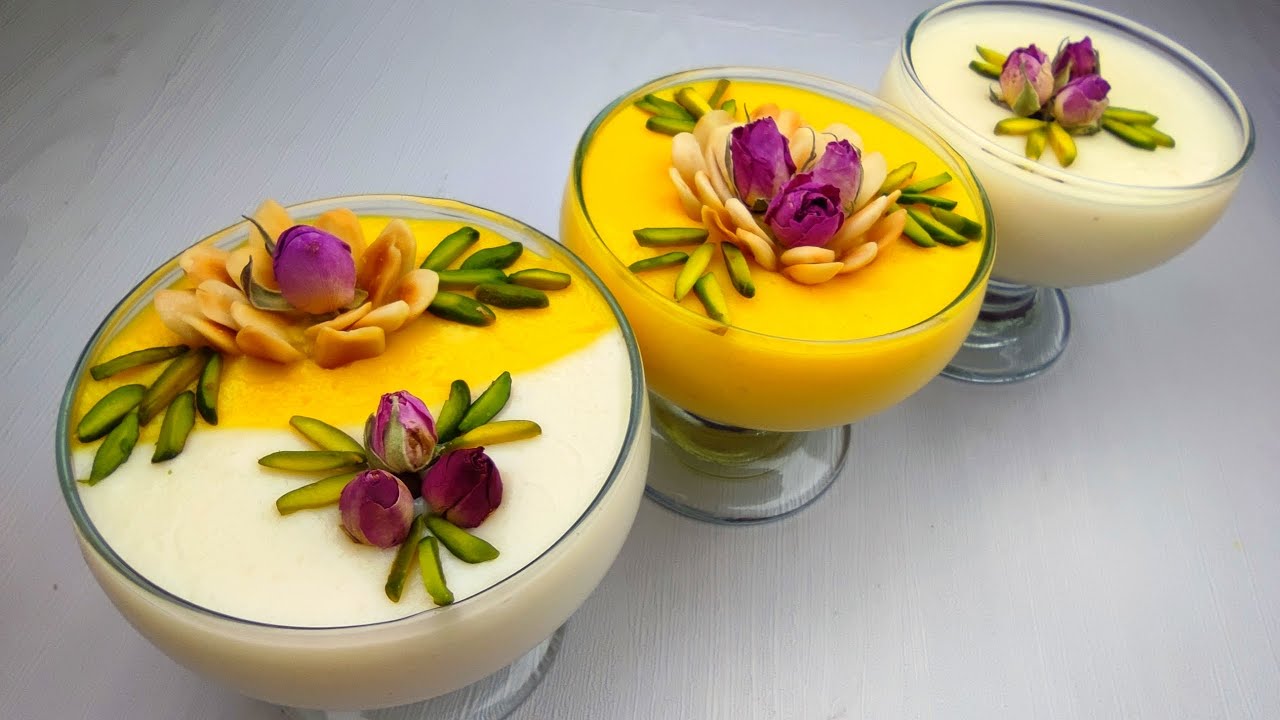 طرز تهیه فرنی با آرد برنج، به دو شکل ساده و زعفرانی به همراه دیزاین ساده به سبک بازاری