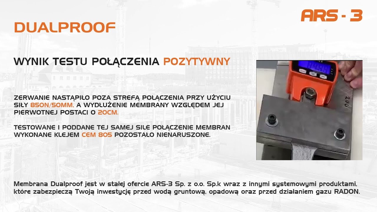 TEST WYTRZYMAŁOŚCI POŁĄCZENIA MEMBRAN DUALPROOF C, SKLEJONYCH KLEJEM CEM 805 - ARS-3.pl