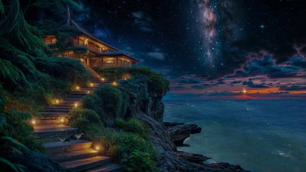 Cliffside Ocean Temple at Night 🌌🌊 | Starry Sky Ambience for Deep Sleep & Meditation