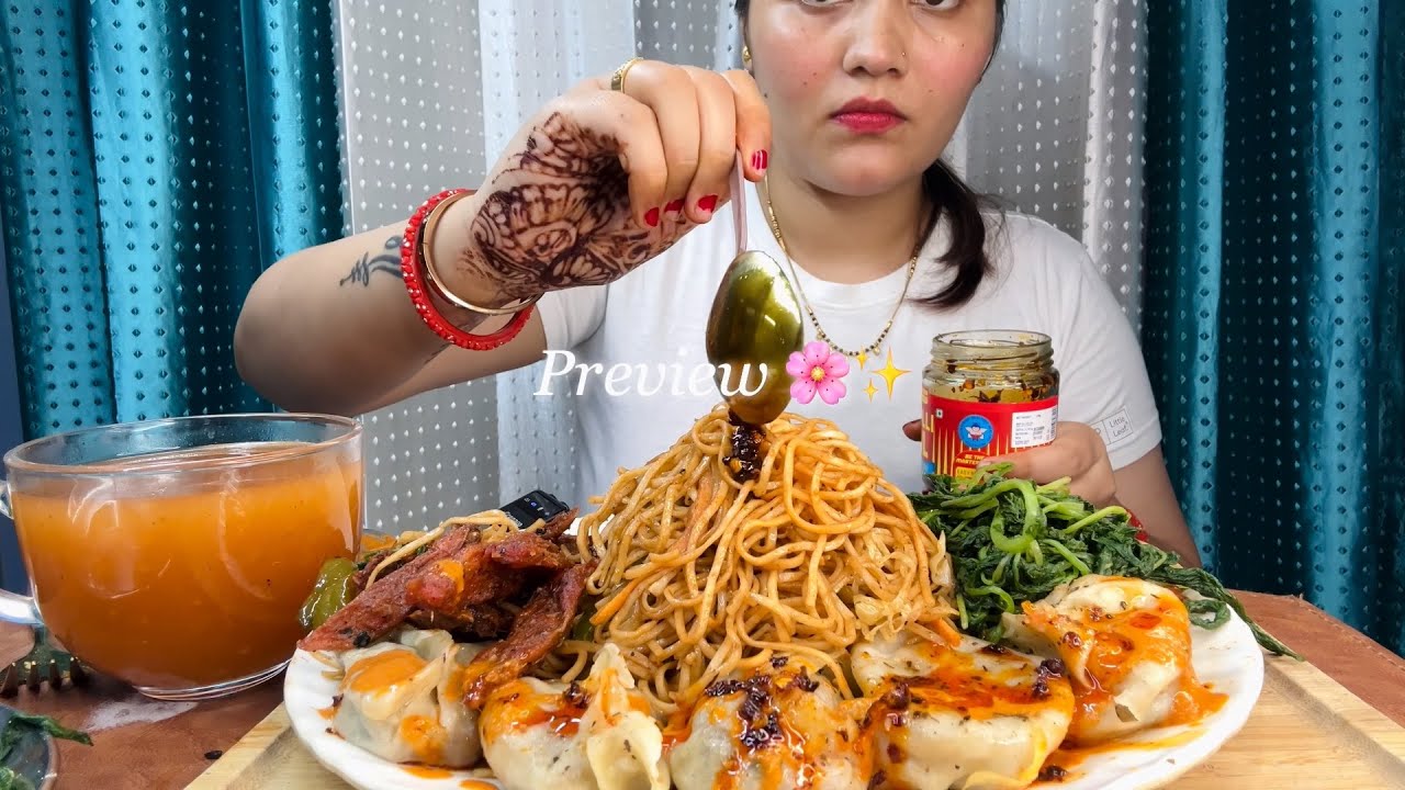 Eating Spicy Chowmein, Veg Momo, Chilli Potato and Tomato Soup