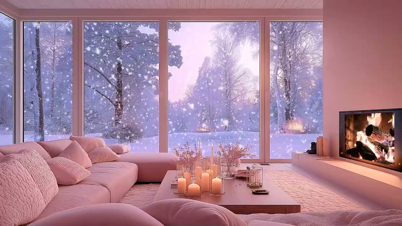 Cozy Winter Living Room with Snowfall Outside, Glowing Fireplace & Romantic Candlelight Ambience