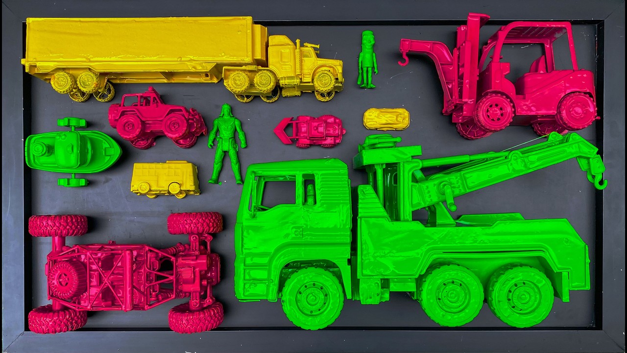 membersihkan mobil mobilan, truk derek, truk kontainer, mobil monster, forklift, mobil jeep, kapal