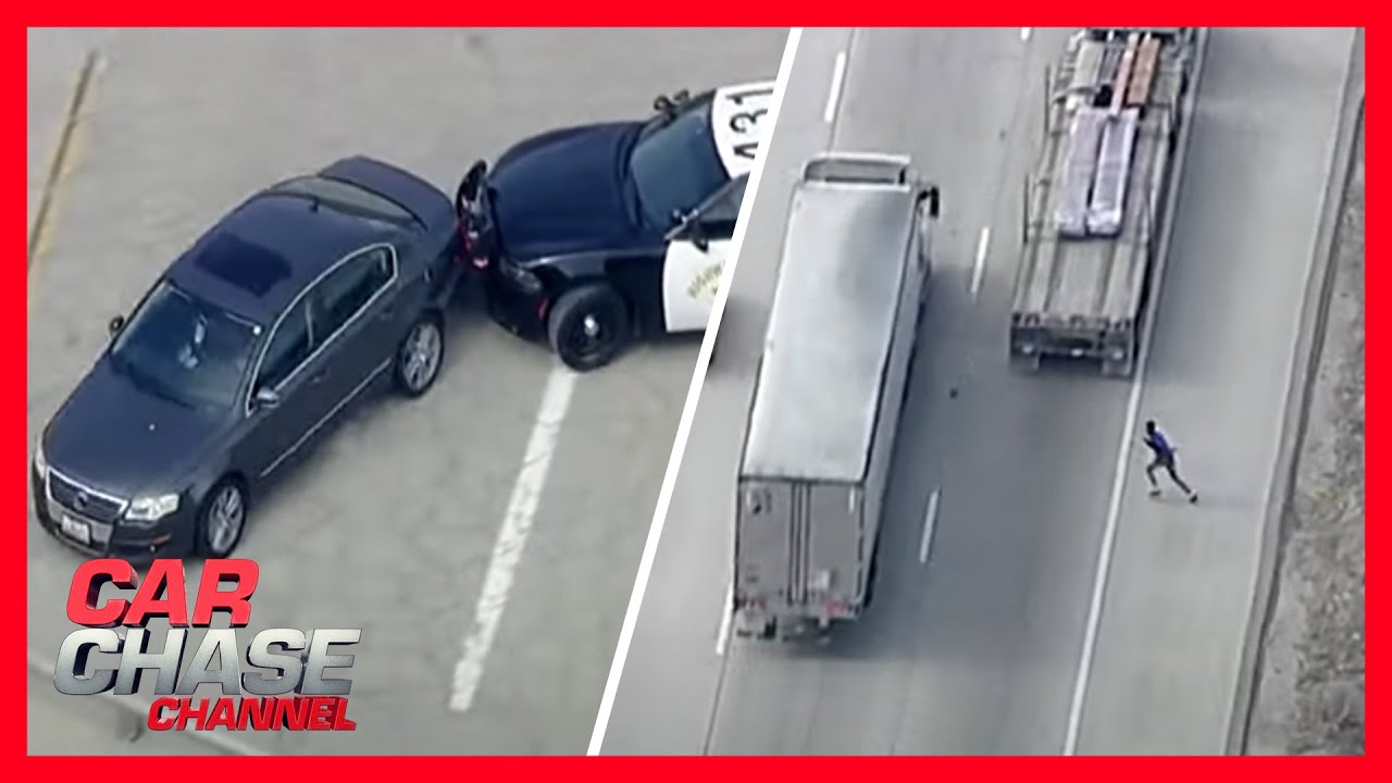 Car Chase ends with spike strips, suspect running across freeway | Car Chase Channel