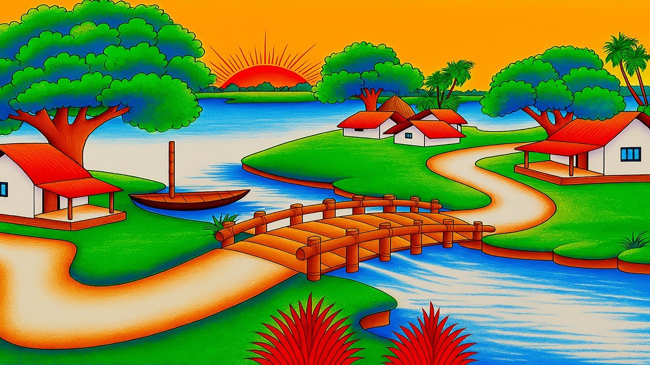 How to Draw Easy Village Scenery with Oil Pastels | Beautiful Landscape Drawing Step by Step