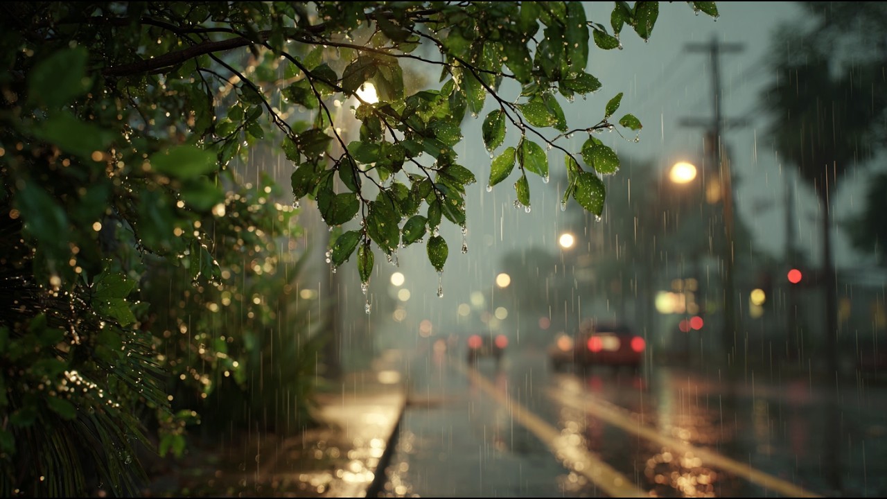 Light Rain on Leaves at Night