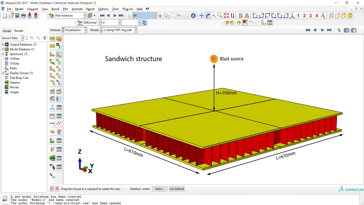 Deformation of a sandwich structure under the air blast loading using the CONWEP method in Abaqus