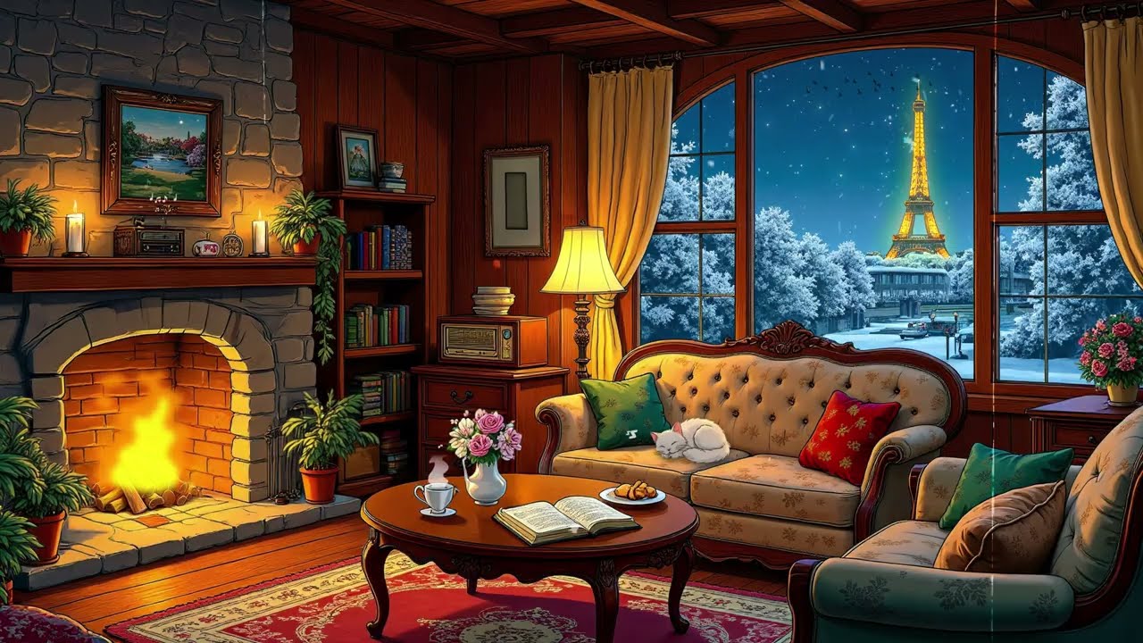 A Cozy Paris Living Room Night Where Fireplace Light Meets Snowy Windows And Vintage Jazz