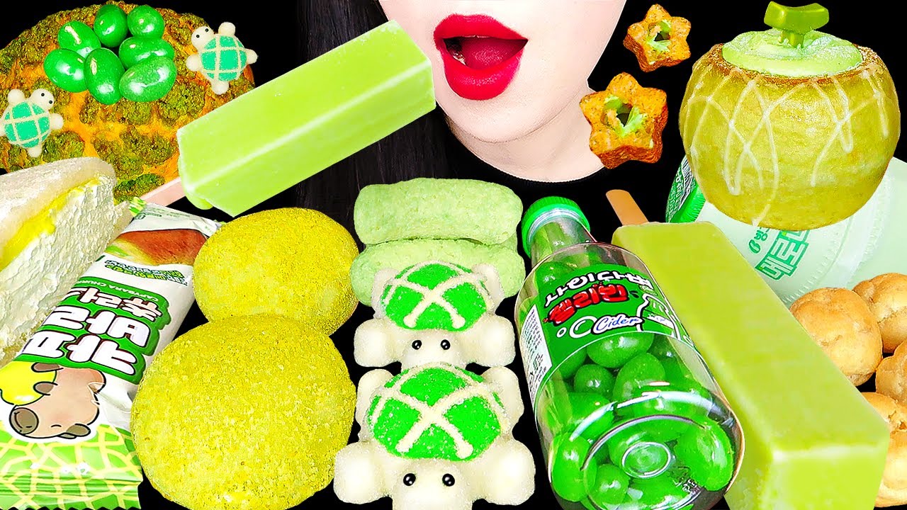 ASMR ICE CREAM MELON DESSERTS 다양 초록색 디저트 아이스크림 스타벅스 바움쿠헨 메로나 한국간식 스낵젤리 먹방 KOREAN GUMMY JELLY