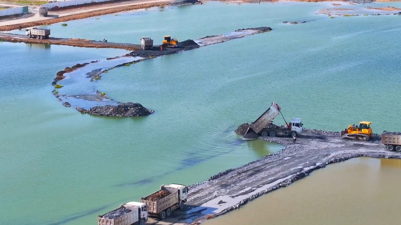 Amazing Dump Truck Filling Lake with SHANTUI Bulldozer Pushing Soil Building New Road