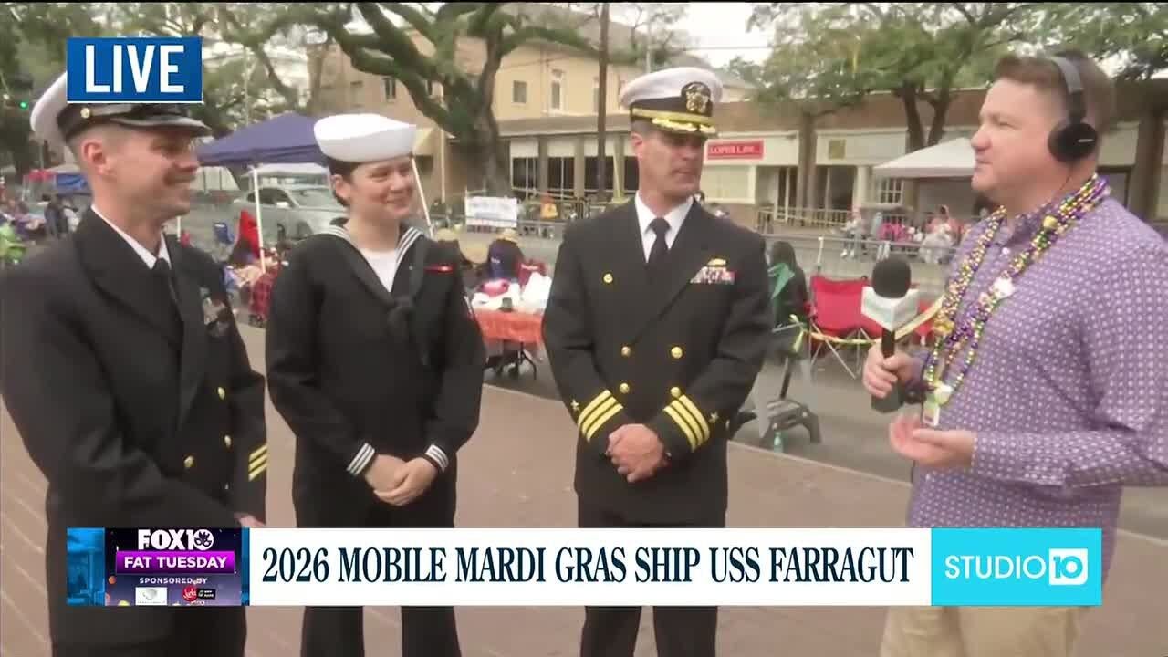 USS Farragut in port as the 2026 Mobile Mardi Gras Ship