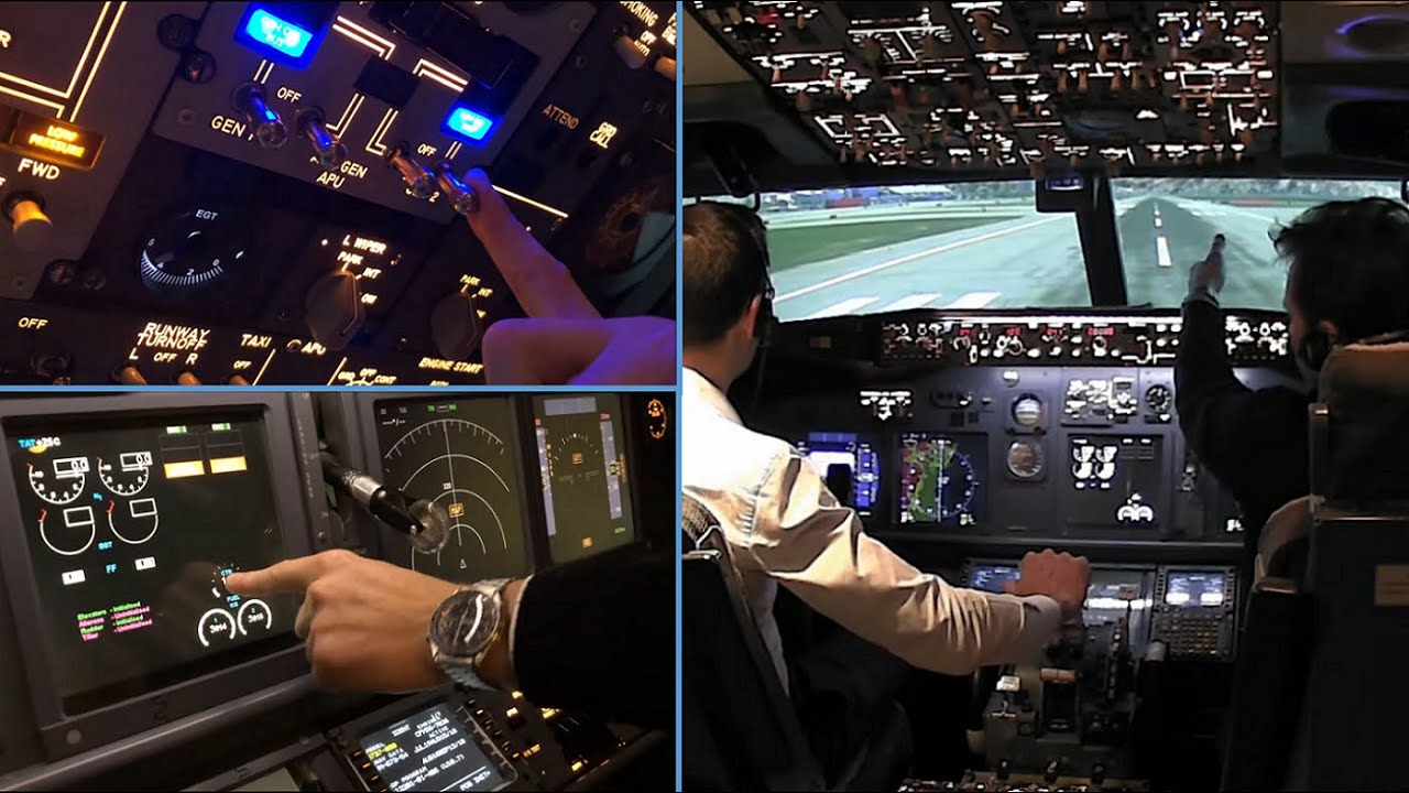 Démarrage d'un avion de ligne : check list avec configuration complète puis décollage