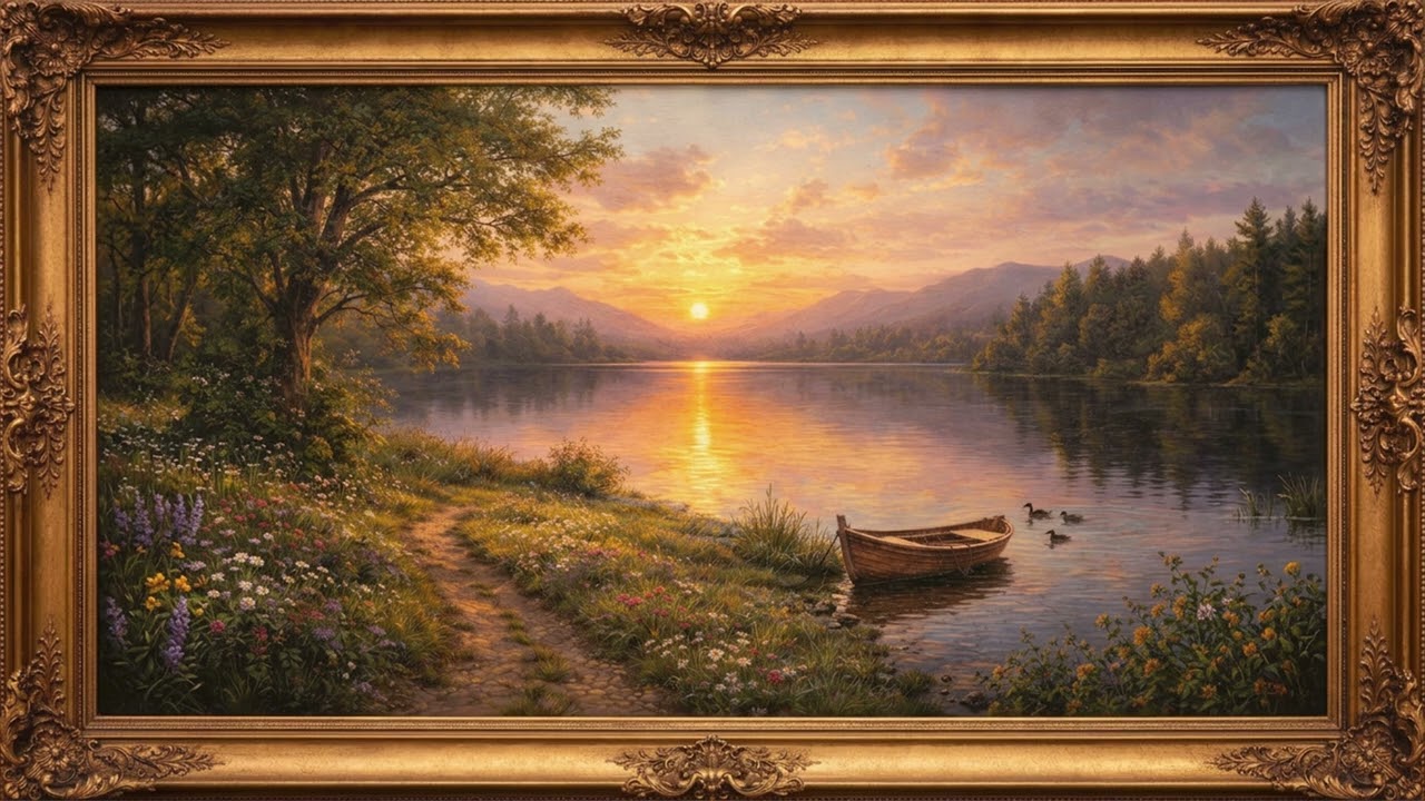 Relaxing Peaceful Lake Sunset Ambience | Vintage Gold Frame TV Art 4K
