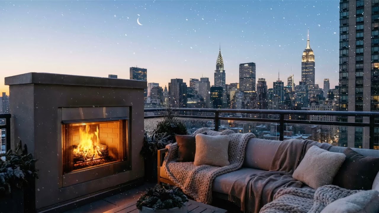 Start Your Day Like You Live in New York City Manhattan ❄️☕️🌅 | Winter Balcony (Fireplace Sound)
