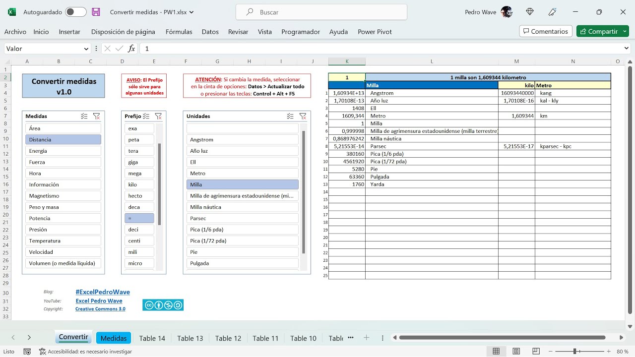 Convertir medidas en Excel