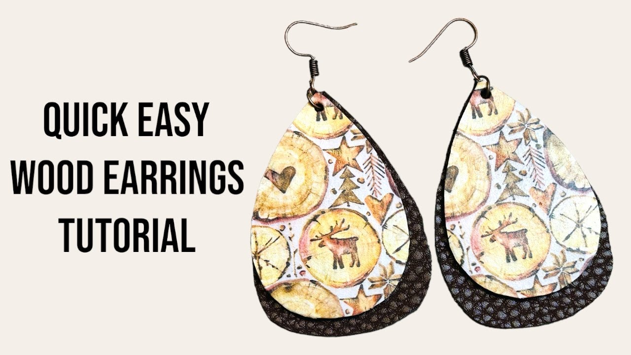 DIY Wood earrings with faux leather, paper, decoupage, mixed media, EASY, christmas, winter