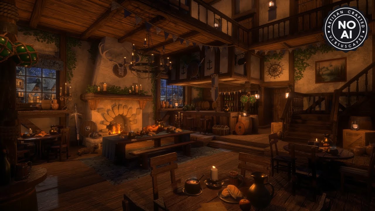 Cozy Winter Tavern | Medieval Night Ambience | Fireplace, Wind, Snow & Blizzard Sounds