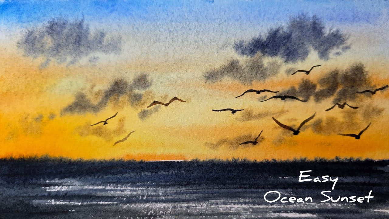 Easy Ocean Sunset in Watercolor / Soft & Relaxing Painting