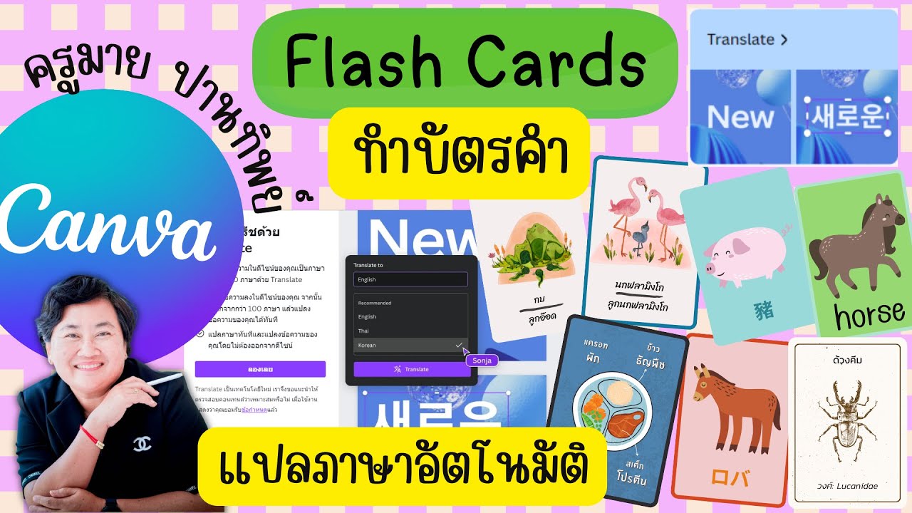 วิธีทำ flash Cards บัตรคำ พร้อมทั้ง ใช้เครื่องมือ แปลภาษา translate แบบง่ายๆ ด้วย  CANVA ฟรี
