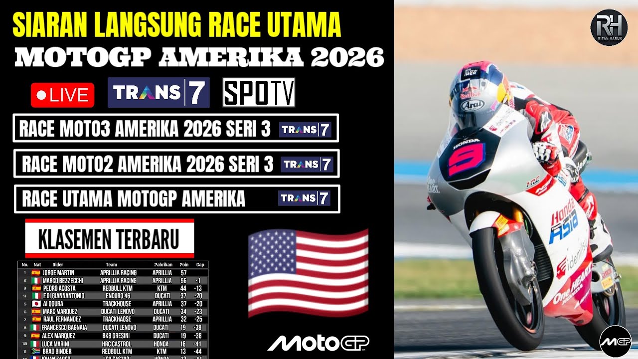 Jadwal Race Motogp Amerika 2026 Hari ini~Siaran Langsung Race Moto3 Amerika Seri ke 3 Live Trans 7