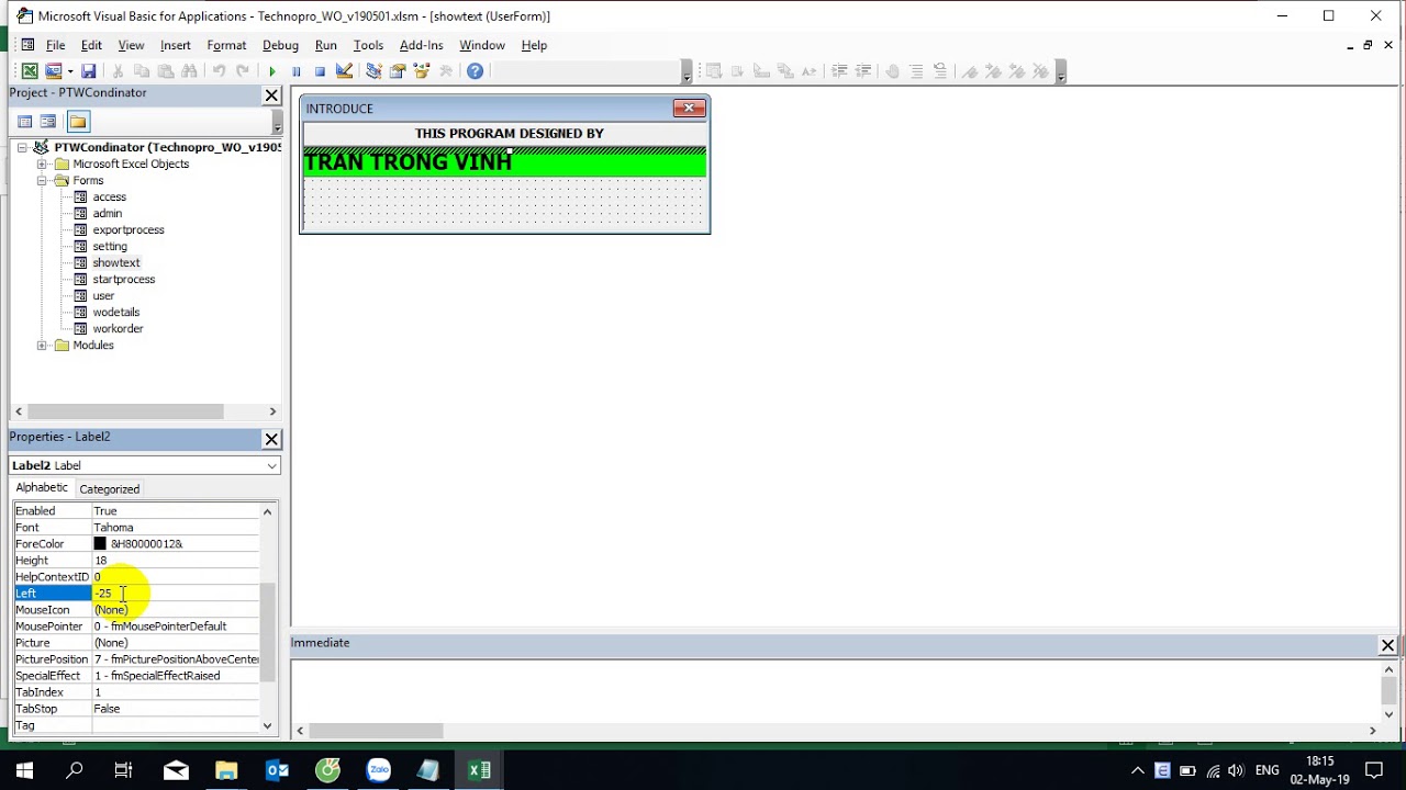 Running text in the excel userform using VBA